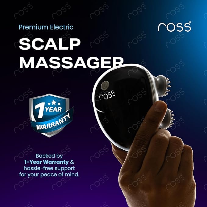Ross Rechargeable Electric Scalp Massager for Hair Growth & Stress Relief | 4 Rotating Heads, 96 Silicone Kneading Points | 3 Massage Modes | IPX7 Waterproof | Cordless USB-C Head & Body Massager