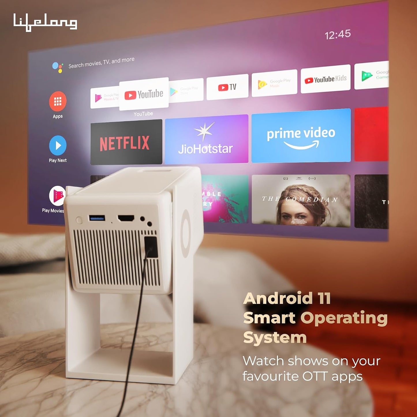 Lifelong Electronics Lightbeam 2 Pro Smart Projector | Android, 1080P HD Native&4K Ultra HD Support,4000 Lumens| ‎70 Watts|for Room&Outdoors|All OTT Apps|WiFi/BT, Mirroring, USB, HDMI, 180°, Speakers  (TS)