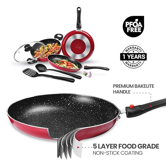 Milton Pro Cook Kitchen Pride Set of 5 Non Stick Cookware | Non Induction I Cooking Pan, Kadhai with Lid, Tawa, Nylon Laddle & Spatula (RD)