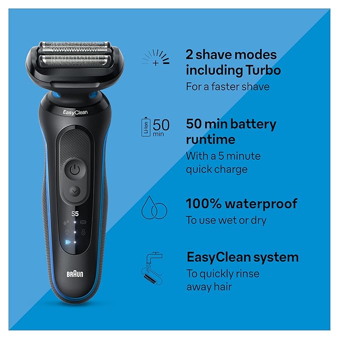 Braun Series 5 Electric Shaver, Senso Flex Technology, Auto Sense for Sensitive Skin, Wet or Dry Use, 100% Waterproof, Li-Ion Battery, 50 Min Runtime, 5 Min Quick Charge, German Engineering, Shaver 52