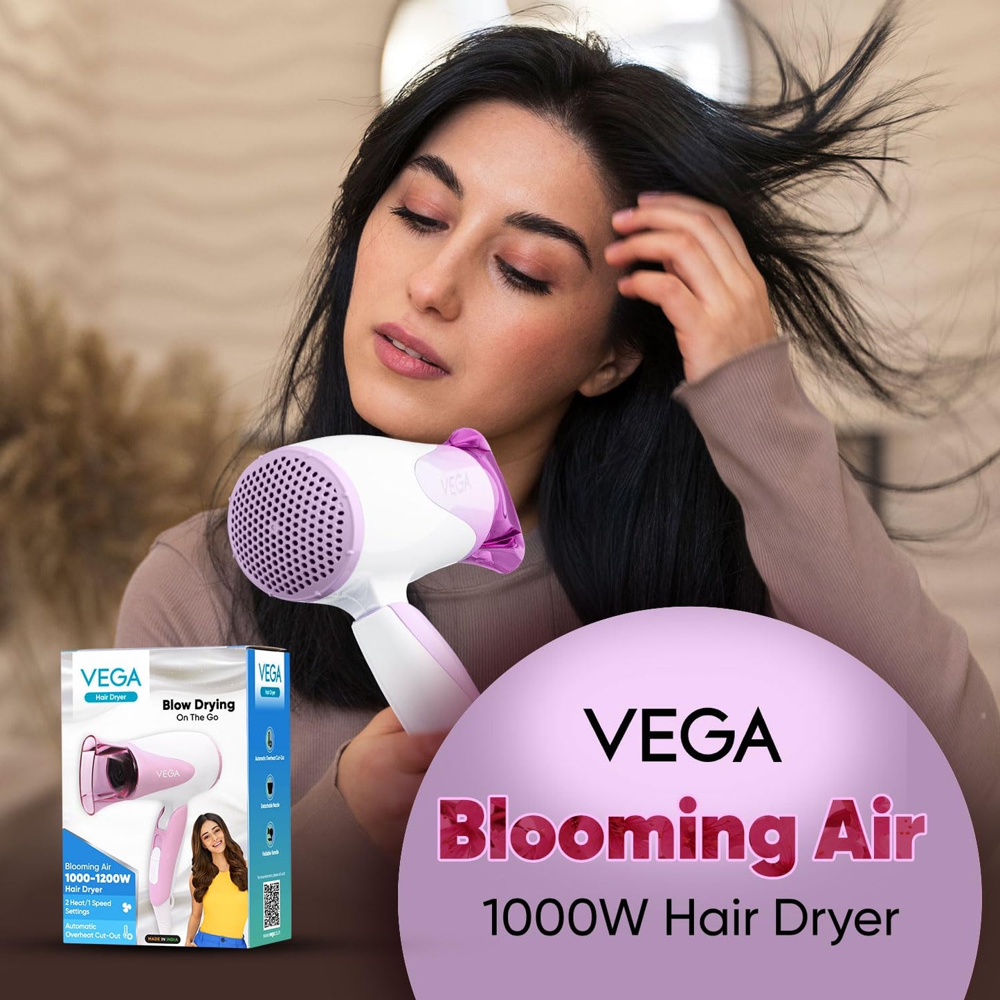 VEGA Blooming Air Foldable 1000-1200 Watts Hair Dryer for Women with Flexible Heat Setting & Detachable Nozzle,Automatic Overheat Cutout,Compact Quick Dry Blow Dryer
