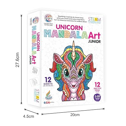 Ratna's Mandala Art Unicorn Junior Colouring Kit - 12 Sheets with 12 Sketch Pens Inside - Creative Coloring Fun for Kids & All Ages