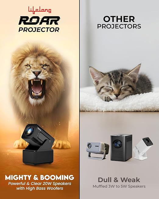 Lifelong Electronics ROAR Projector with 2 Mics | Booming 20W Speakers | Cricket Commentary, Karaoke Party & Room Cinema | 1080P & 4K Ultra HD Support | All Android OTT Apps | Ultra Bright 150” Screen (TS)