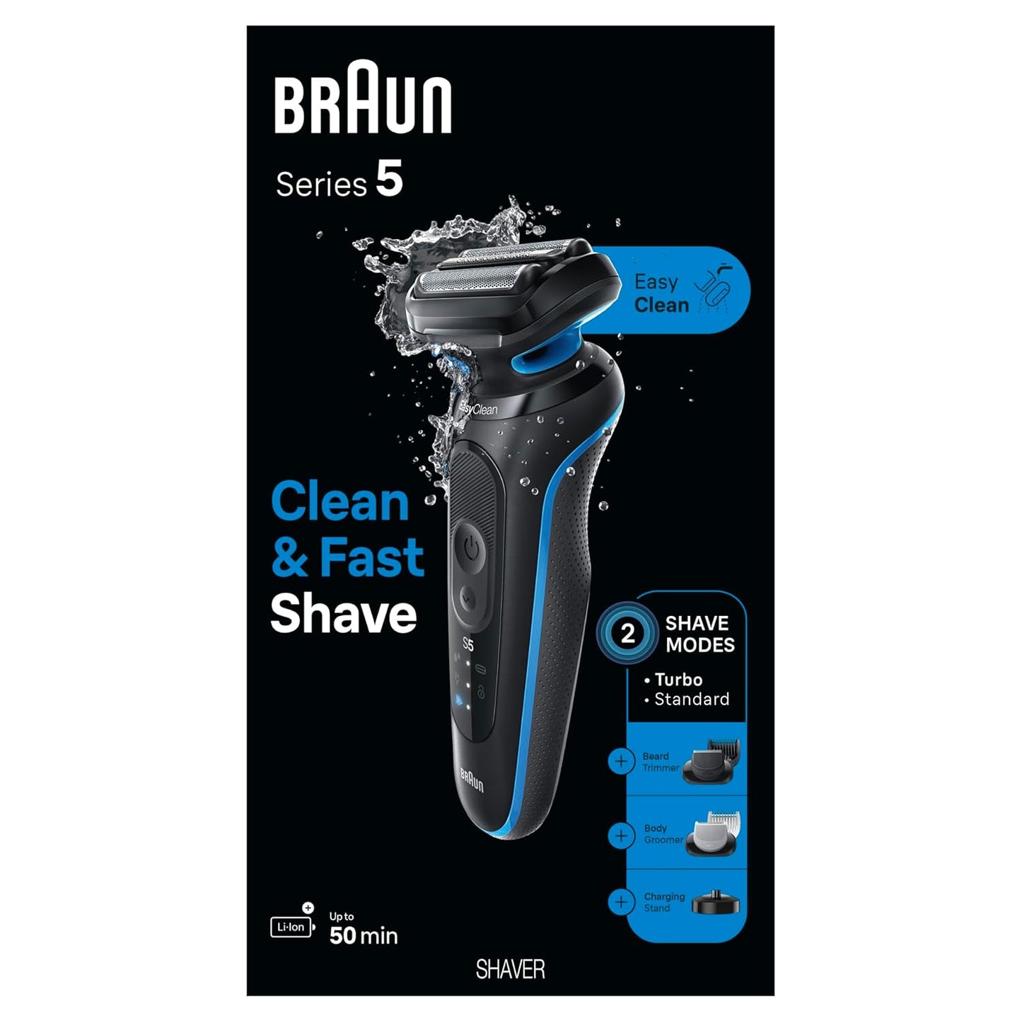 Braun Series 5 Electric Shaver, Senso Flex Technology, Auto Sense for Sensitive Skin, Wet or Dry Use, 100% Waterproof, Li-Ion Battery, 50 Min Runtime, 5 Min Quick Charge, German Engineering, Shaver 52