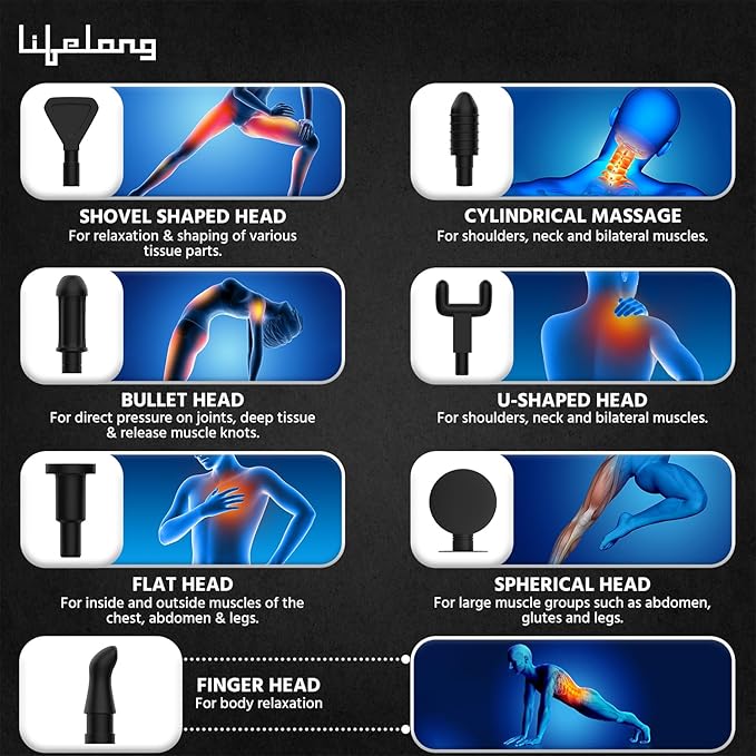Lifelong LLGM109 Percussion Massage Gun for Pain Relief, Deep Tissue, 6 Speeds & 7 Massage Heads, Cordless, Quiet Operation for Neck, Shoulders, Back, Arms, Legs & Feet (Black)