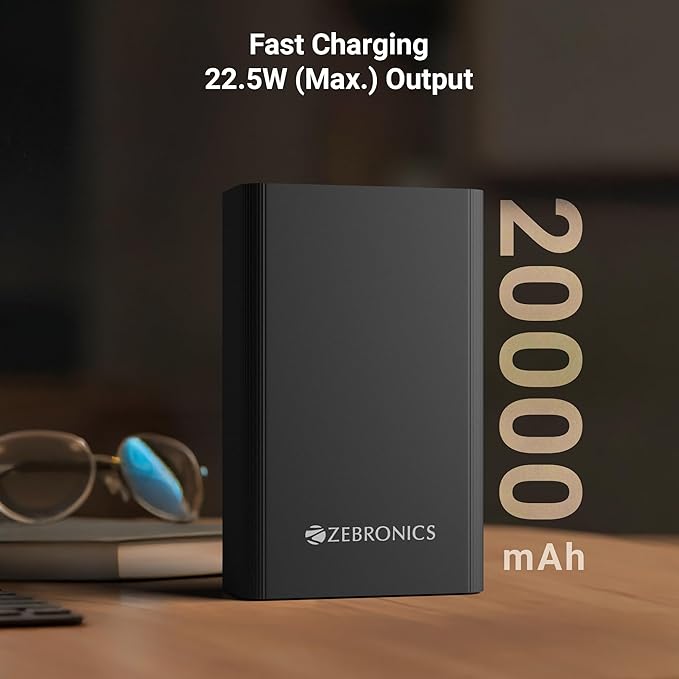 ZEBRONICS 20000 mAh Compact Power Bank, 22.5W Super Fast Charging, PD3.0 (PPS), Dual Type-C & USB-A, LED Indicator, Metal Body, for All Mobiles, Tablet & Other Devices EnergiTank 20MR1 (Midnight)  (LUX)