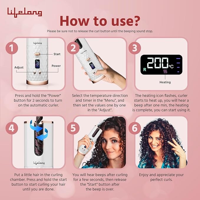 Lifelong Automatic Curling Tool for Women | Essential Styling Device for Waves & Curls | Cordless & Rechargeable | Electric Hair Curler Roller | Adjustable Heat | Anti-Rust Coating (SD)