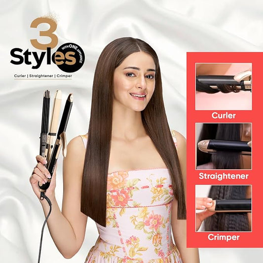 Vega 3 in 1 Hair Styler for Women, (India's No.1 Appliance Brand) | Straightener, Curler and Crimper, Quick Heat up, Suitable for All Types, Gold-Black (VHSCC-01)