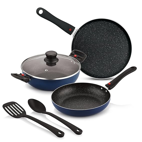 Bergner Sherry Plus 5-Layer Non-Stick Coating 6 Pcs Cookware Set with Induction Bottom and Detachable Handle, 24cm/2.5L Kadai with Lid, 24cm/1.6L Frypan, 25cm Dosa Tawa, 2 Nylon Spatulas(RD)