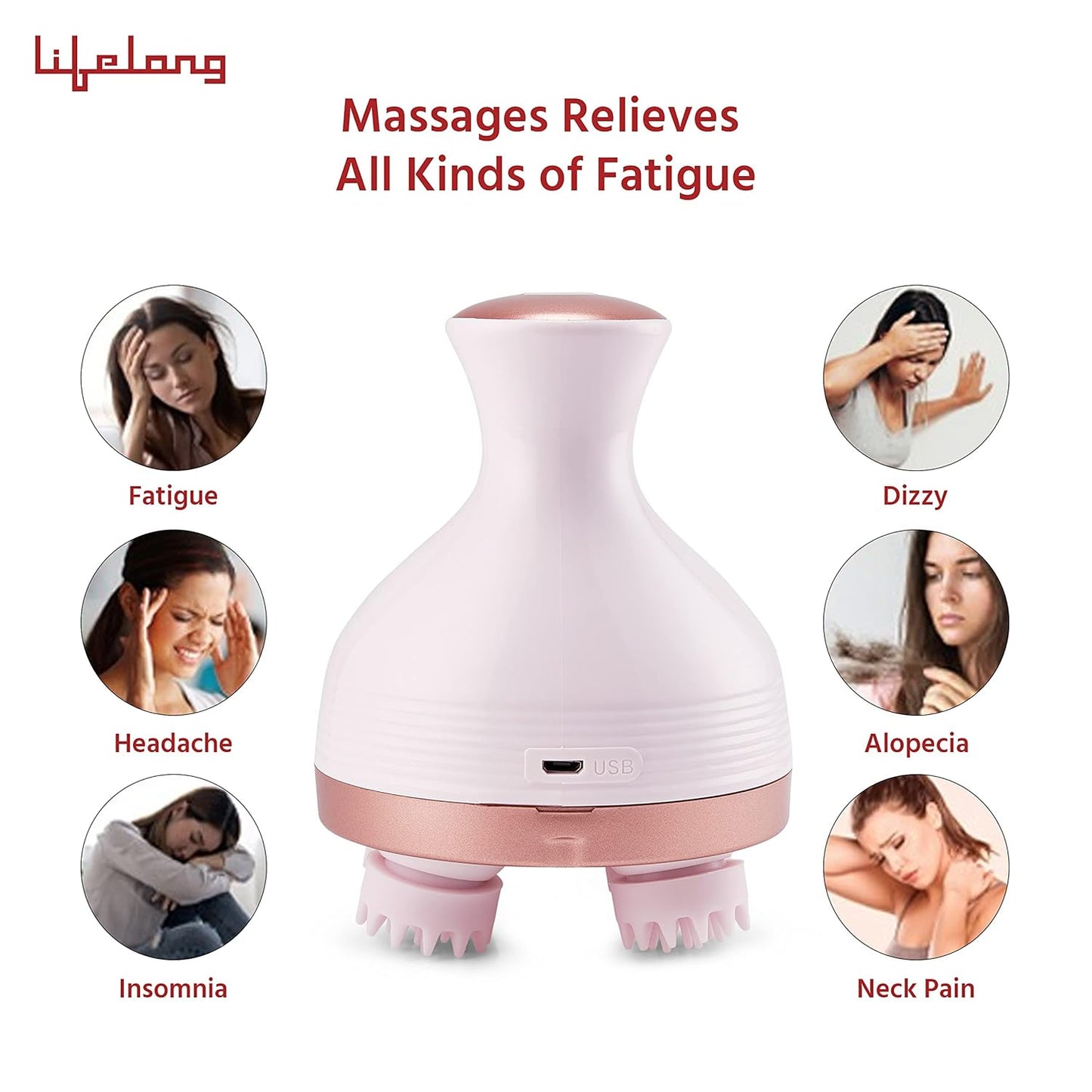 Lifelong LLM225 Rechargeable Head, Scalp Full Body Pain Relief Massager, Electric Head Kneading Massager,4 Speed Modes,Handheld Portable Head Scratcher for Hair Growth,Deep Clean & Relaxation,Brown
