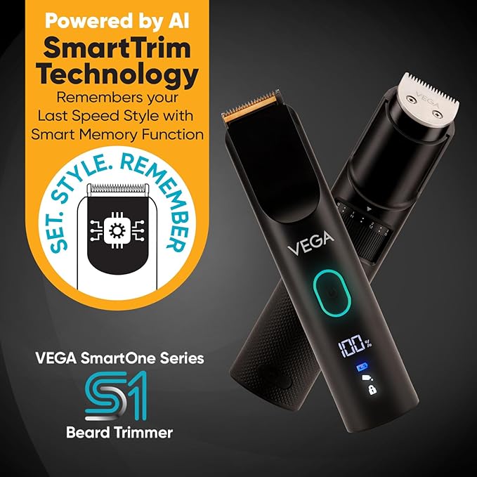 Vega SmartOne S1 Beard Trimmer for Men with AI SmartTrim Technology Titanium Blade, Digital Display, 120 mins Runtime, USB Type C, IPX7 Waterproof & 40 Length Settings, 3 Unique Speed Mode (VHTH-30)