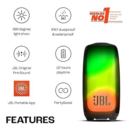 JBL Pulse 5, Wireless Portable Bluetooth Speaker, 40 Watt, Customized 360° Lightshow Portable App, Pro Sound, Deep Bass, 12 Hours Playtime, PartyBoost, IP67 Waterproof & Dustproof