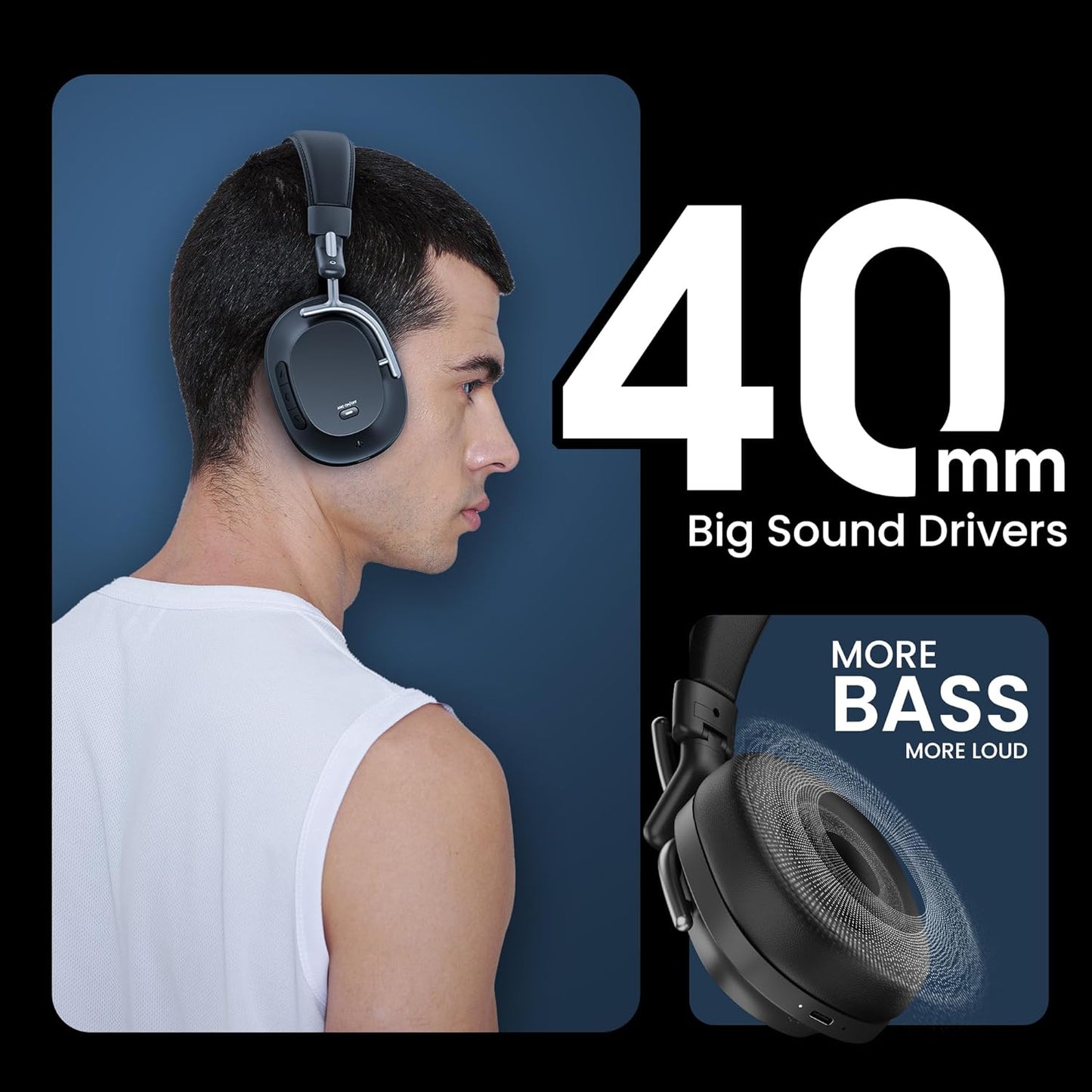 HAMMER Bash Pro 33 dB Hybrid ANC Over Ear Wireless Headphones, 4 Mics for Clear Calling, Charge 10mins = 300mins playtime, 40mm Driver, Transparency Mode, 37Hrs Playtime, Super soft Cushion, 5.3 Black (SD)