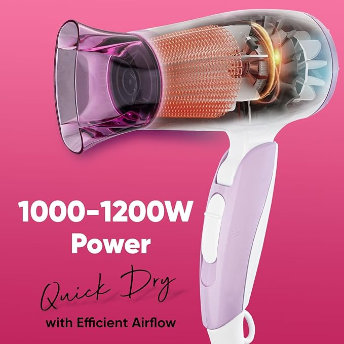 VEGA Blooming Air Foldable 1000-1200 Watts Hair Dryer for Women with Flexible Heat Setting & Detachable Nozzle,Automatic Overheat Cutout,Compact Quick Dry Blow Dryer