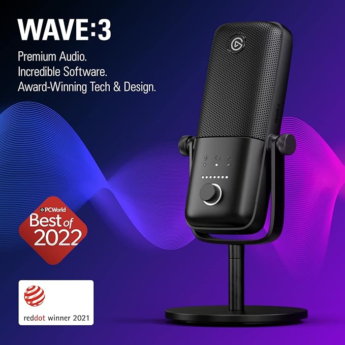 Elgato Wave:3 Premium USB Condenser Unidirectional Microphone and Digital Mixing Solution, Anti-Clipping Technology, Capacitive Mute, Streaming and Podcasting, (10MAB9901, Black) (SD)