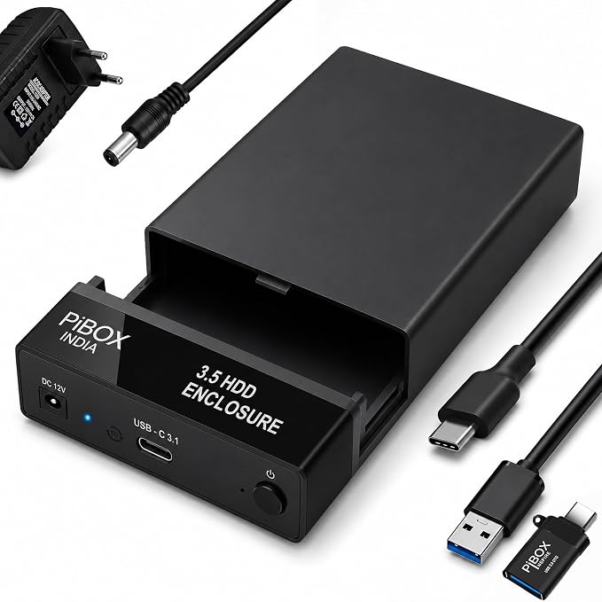 Hard Drive Enclosure Type C, PiBOX India USB 3.1 External Hard Drive Docking Station for 3.5/2.5 Inch SATA Hard Drives/SSD with 16 TB+, Tool-Free HDD Enclosure 12V/2A Power Supply UASP Acceleration (SD)
