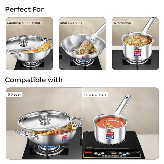 Prestige TRIPLY 4 Pc Cookware Set | TRIPLY Splendid | Fry Pan 22cm/1.9L | Kadai 22cm/2.5L | Sauce Pan 14cm/1.3L | SS Lid 24cm | Gas & Induction Compatible | Even Heat Distribution | 15Y Warranty | ISI