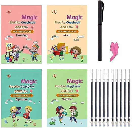 AMKAY Magic Groove Practice Copybook, (4 Book + 10 Refill) Number Tracing Book for Preschoolers with Pen, Magic Calligraphy Copybook Set Practical Reusable Writing Tool Simple Hand Lettering