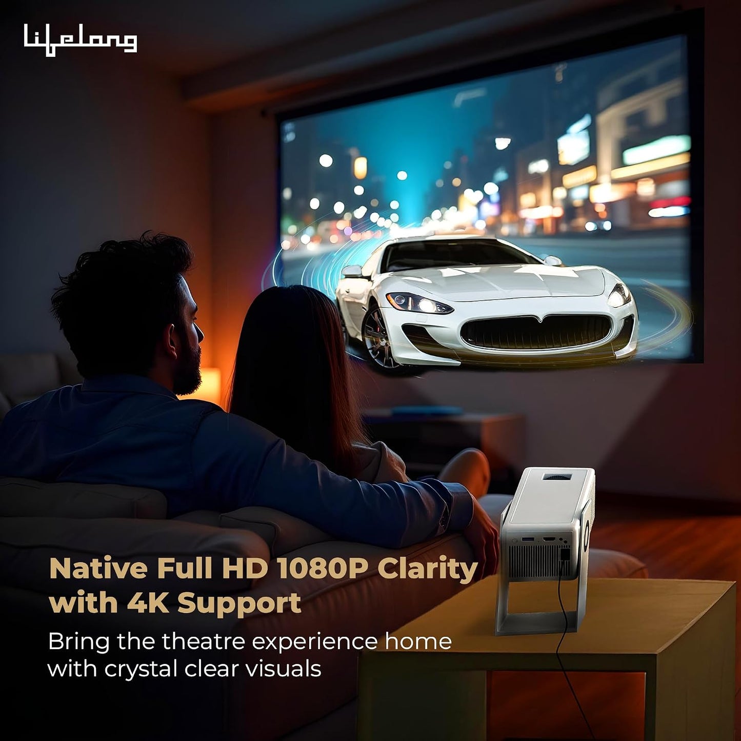 Lifelong Electronics Lightbeam 2 Pro Smart Projector | Android, 1080P HD Native&4K Ultra HD Support,4000 Lumens| ‎70 Watts|for Room&Outdoors|All OTT Apps|WiFi/BT, Mirroring, USB, HDMI, 180°, Speakers  (TS)