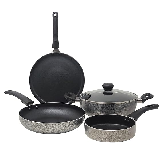 Kreme Non Stick Cookware Set 4pcs | Aluminium Cookware Set Combo | Non Stick Flat Tawa, Fry Pan, Sauce Pan, Kadhai with Lid | Uses Less Oil | Non-Induction Base | Gas Stove Compatible Kitchen Set