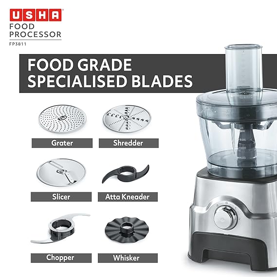 Usha FP 3811 Food Processor 1000 Watts Copper Motor with 13 Accessories(Premium SS Finish), Black and Steel (SD)