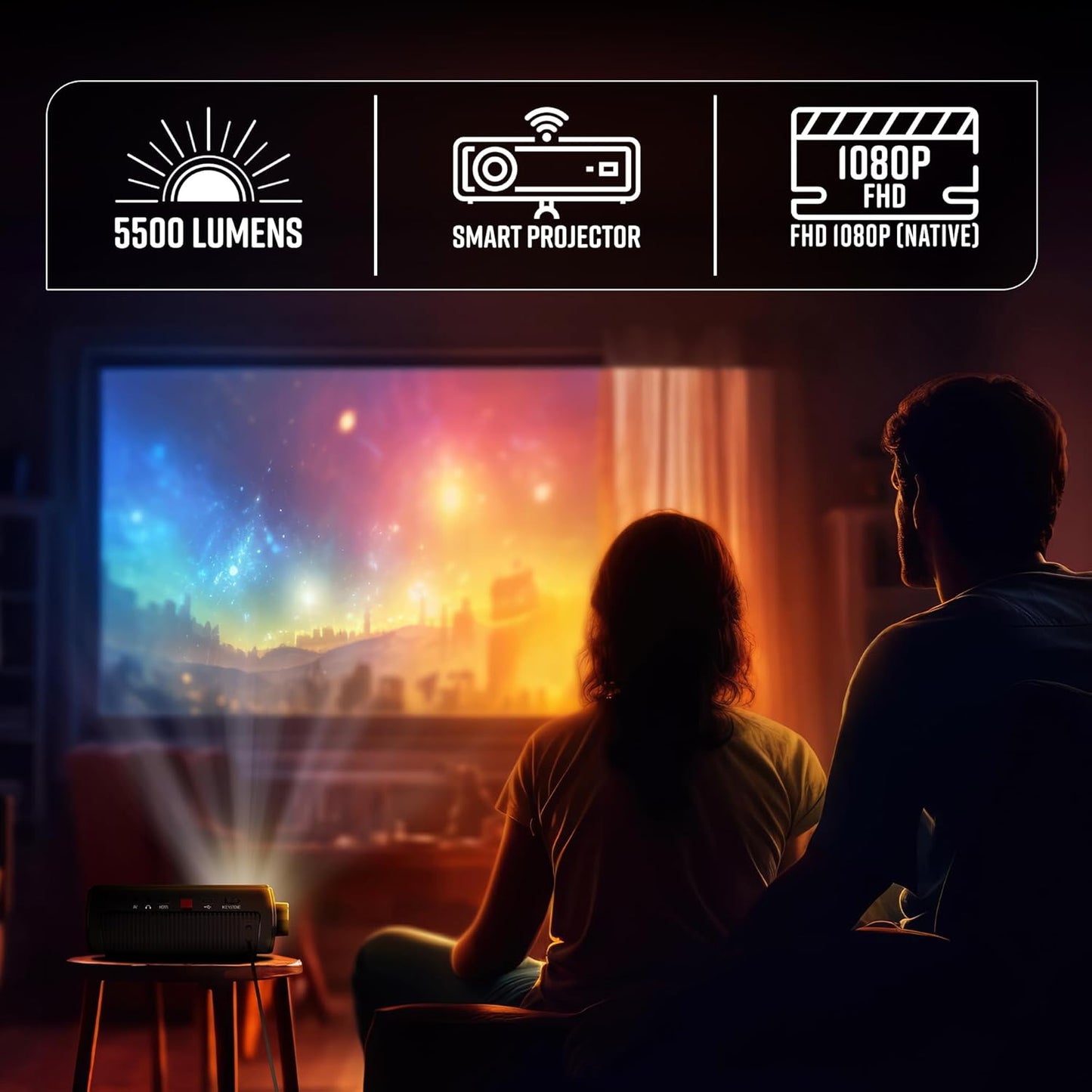 ZEBRONICS PIXAPLAY 15 Smart LED Projector with Dolby Audio, 5500 lumens, 4K Support, 180 Inch Screen Size, Supports Miracast, Bluetooth, USB, HDMI, WiFi, APP Support, 1080p Native