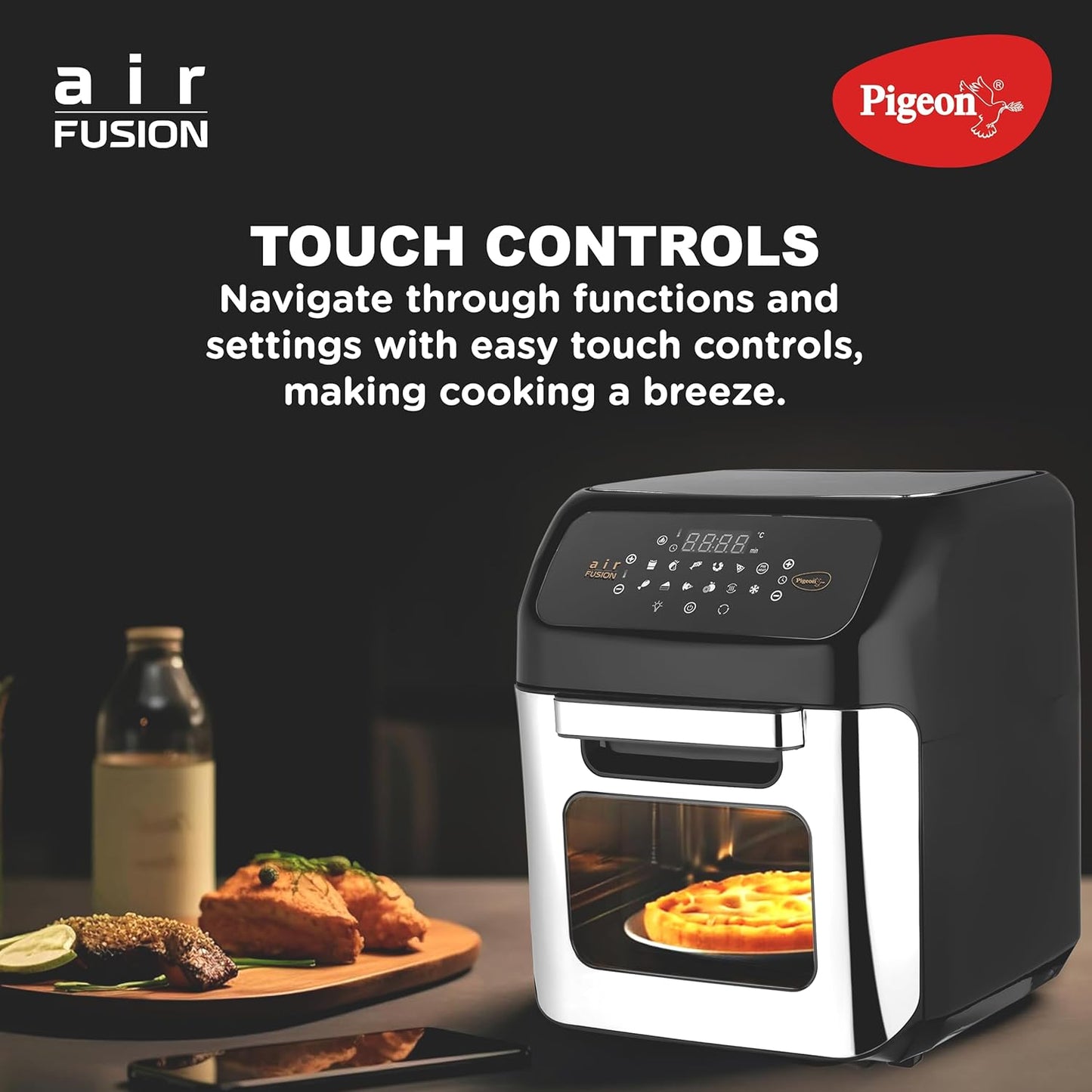 Pigeon 12L Air Fryer Oven (2-in-1 OTG + Air Fryer) | 1800W | Digital Touchscreen | 9 Preset Menus | Rotisserie | 7 Accessories Included | Air Fry, Bake, Broil, Toast, Defrost | 2Y Warranty | Black