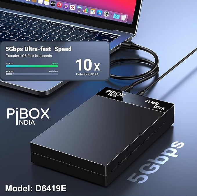 Hard Drive Enclosure Type C, PiBOX India USB 3.1 External Hard Drive Docking Station for 3.5/2.5 Inch SATA Hard Drives/SSD with 16 TB+, Tool-Free HDD Enclosure 12V/2A Power Supply UASP Acceleration (SD)