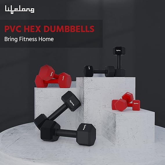 Lifelong PVC Hex Dumbbells Pack of 2 (5kg*2) Red Color for Home Gym Equipment Fitness Barbell|Gym Exercise|Home Workout| For Men & Women   (ASL)