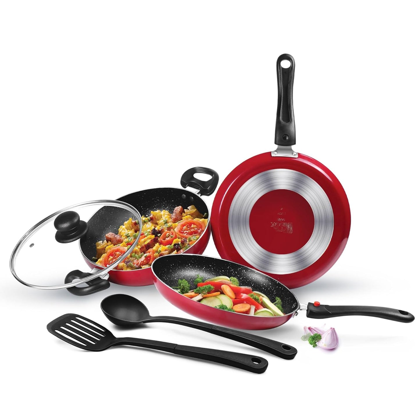 Milton Pro Cook Kitchen Pride Set of 5 Non Stick Cookware | Non Induction I Cooking Pan, Kadhai with Lid, Tawa, Nylon Laddle & Spatula (RD)