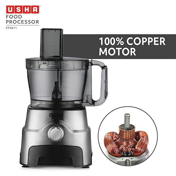 Usha FP 3811 Food Processor 1000 Watts Copper Motor with 13 Accessories(Premium SS Finish), Black and Steel (SD)