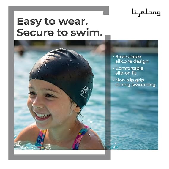 Lifelong Kids Swimming Cap | Silicone, Black, Unisex, No Hair Pulling, Waterproof, Chlorine-Resistant (ASL)