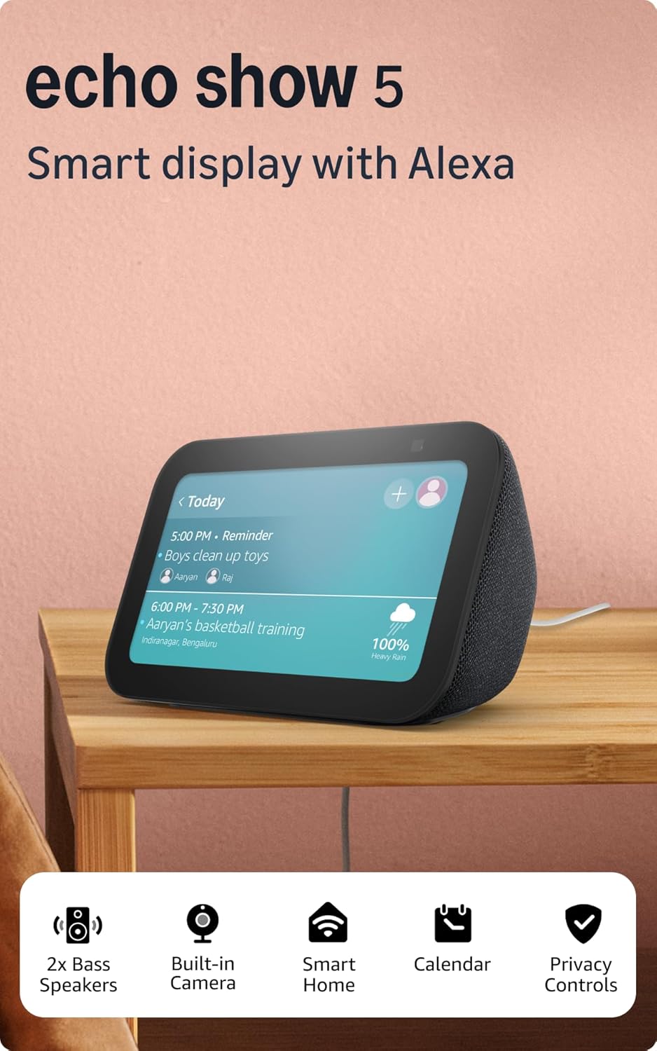 Amazon Echo Show 5 (latest model) | Smart display with Alexa, 2x bass speaker, clearer sound, camera for home monitoring, bluetooth (TS)