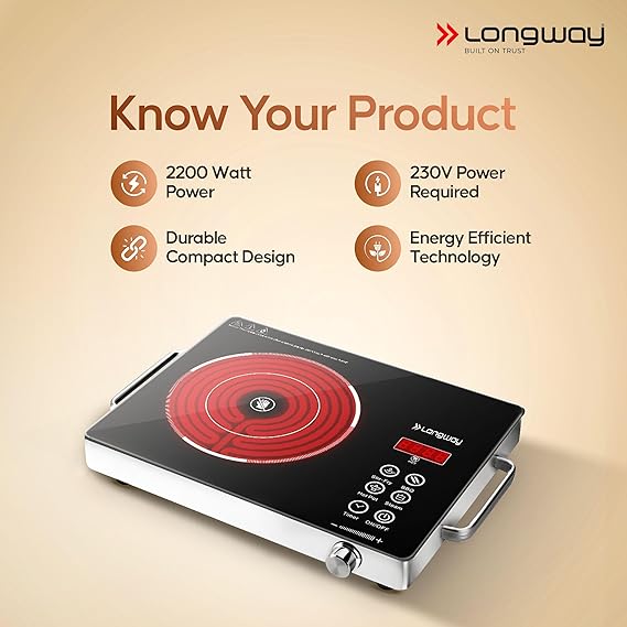 Longway Infralite Pro ICT 2200 W Infrared Cooktop with Free Stainless Steel Grill | Auto Shut Off & Overheat Protection