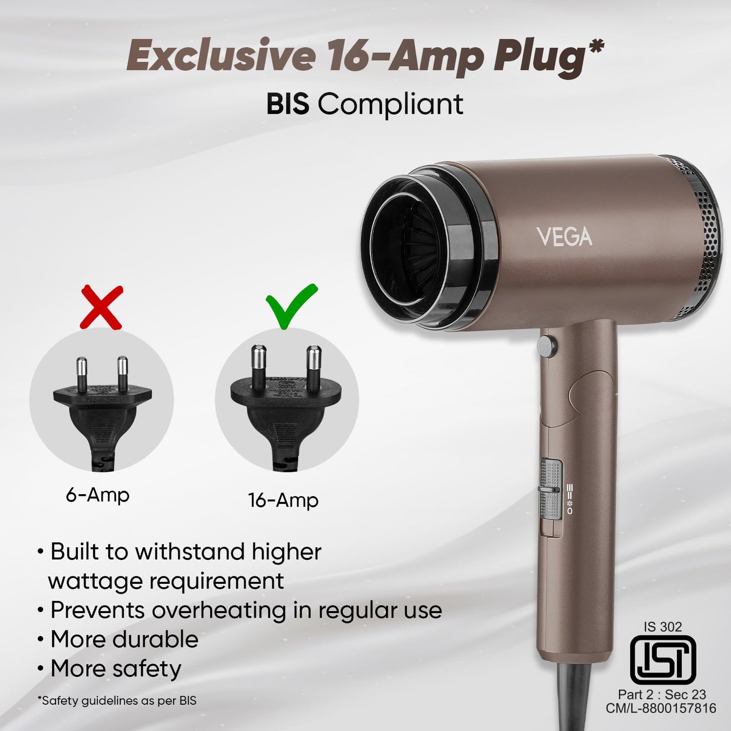 Vega Dry-Up 2000 Watts Hair Dryer For Men & Women with 3 Heat & 1 Speed Setting & Cool Shot Button, Blow Dryer, Foldable Hair Dryer with Over Heat Cut-Out, Blow Dry Effortless Hair Style, (VHDH-36)