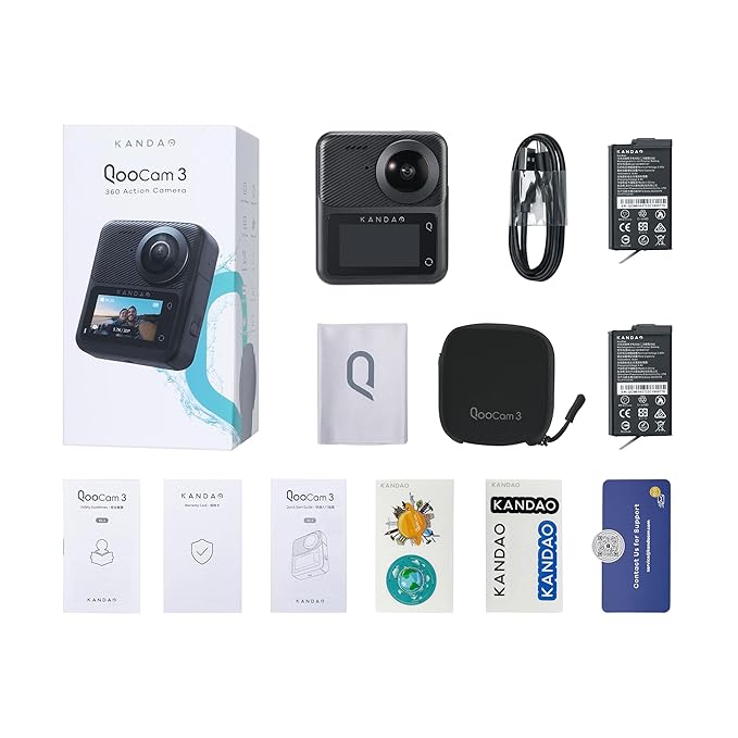 Kandao QooCam3 360° Camera with1.55 Sensor (Dual Battery Bundle) Waterproof Camera, 5.7K Wide-Angle with Lens Cover, Realtime Editing, 5X Stabilization for Sports, Outdoor, Travel (SD)