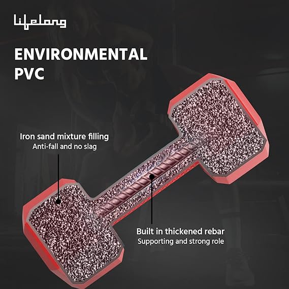 Lifelong PVC Hex Dumbbells Pack of 2 (5kg*2) Red Color for Home Gym Equipment Fitness Barbell|Gym Exercise|Home Workout| For Men & Women   (ASL)