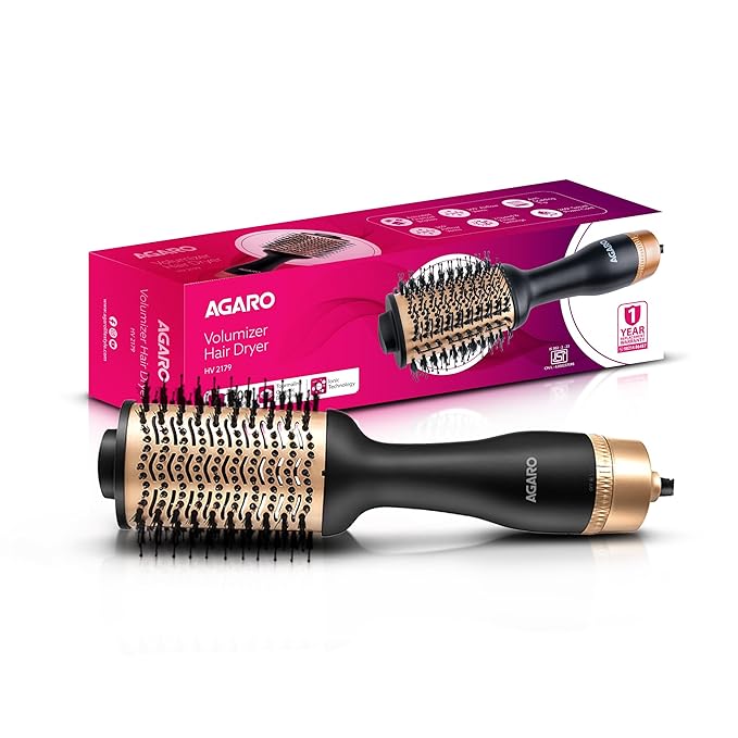 AGARO HV2179 Hot Air Brush for Hair, Blow Dryer Brush, Volumizer & Styler, 360° Airflow Vent, Oval Barrel for Hair Volume, Charcoal Bristles, Ceramic Coating Brushing Head, 1200W, Gold & Black