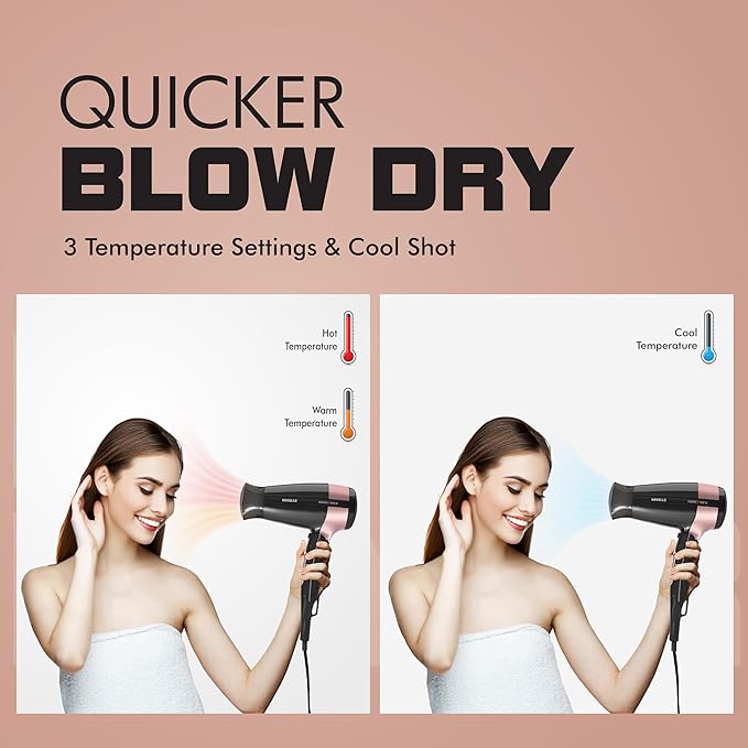 Havells 1200W Foldable Hair Dryer; 3 Heat Settings With Cool Shot (Hot/Cool/Warm),Heat Balance Technology|Cool Black|Your Perfect Blow Dry Companion F