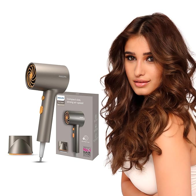 Philips India's No.1 Hair Styling Brand - Glass like Shine Hair Dryer | 1600W | 4 Heat x Speed Modes | 30M Negative ions | Travel-Friendly | For Indian Hair | BHD321