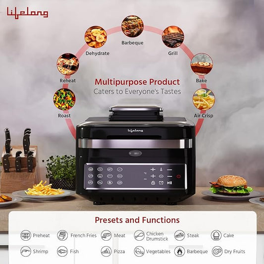 Lifelong Digital Air Fryer for Home with Smart Thermometer, 7 Litre with 12 Pre-Set Menus - 1400W, Electric Airfryer with Dehydration & Barbeque Functions Uses Up to 90% Less Oil,(Indoor Grill, Black)