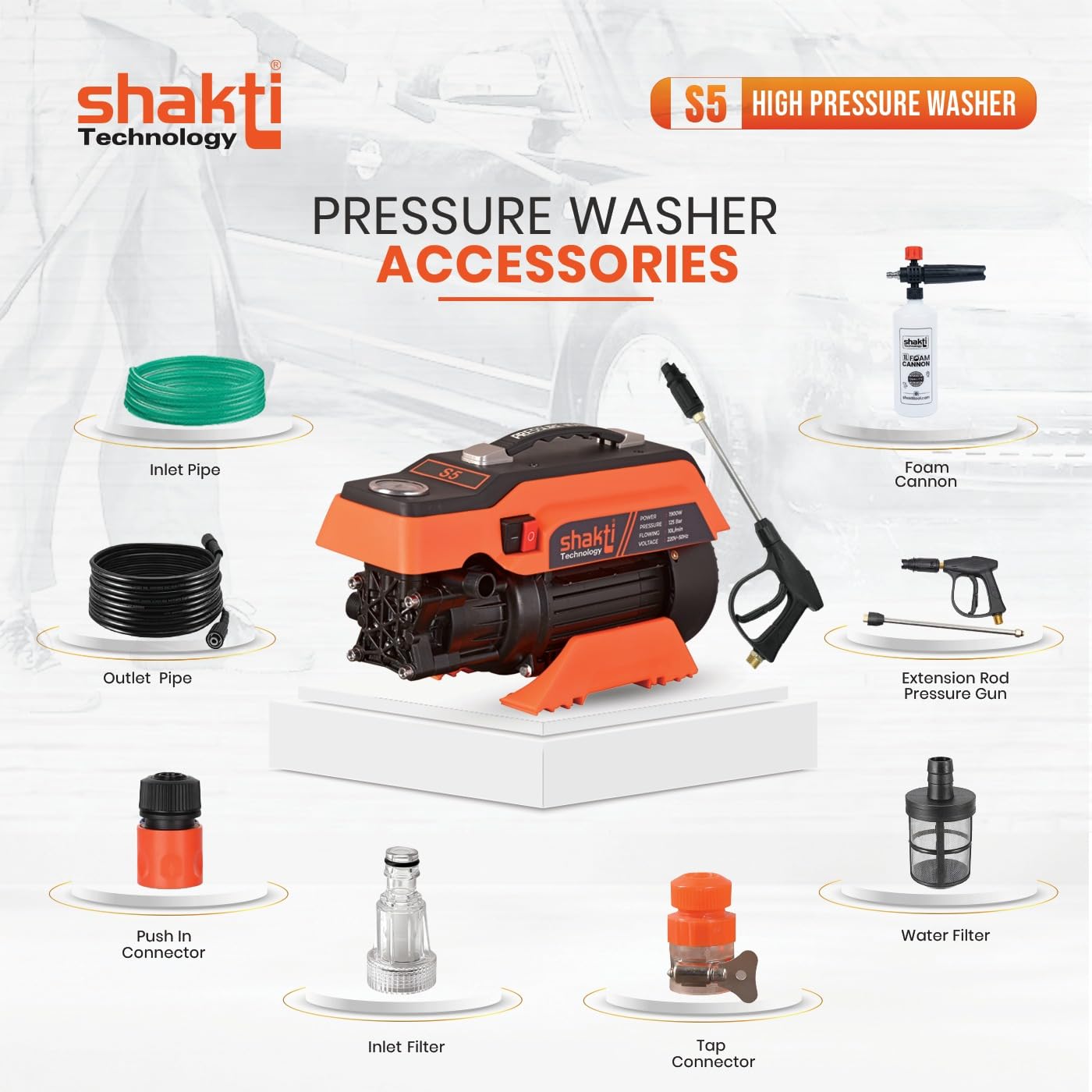 [2026 Enhanced Edition] Shakti Technology S5 High Pressure Car Washer Machine 1900 Watts, Pressure 125 Bar, 8L/Min Flow Rate and 10 Meter Hose Pipe with Professional 1L Foam Cannon Snow Lance  (RD)