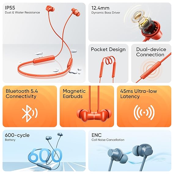 realme Buds Wireless 5 Lite in Ear Bluetooth Neckband with 12.4 mm Dynamic Bass Boost Driver,Upto 35 Hours Playback,45ms Low Latency,IP55 Dust & Water Resistant, Bluetooth V5.4  (SD)