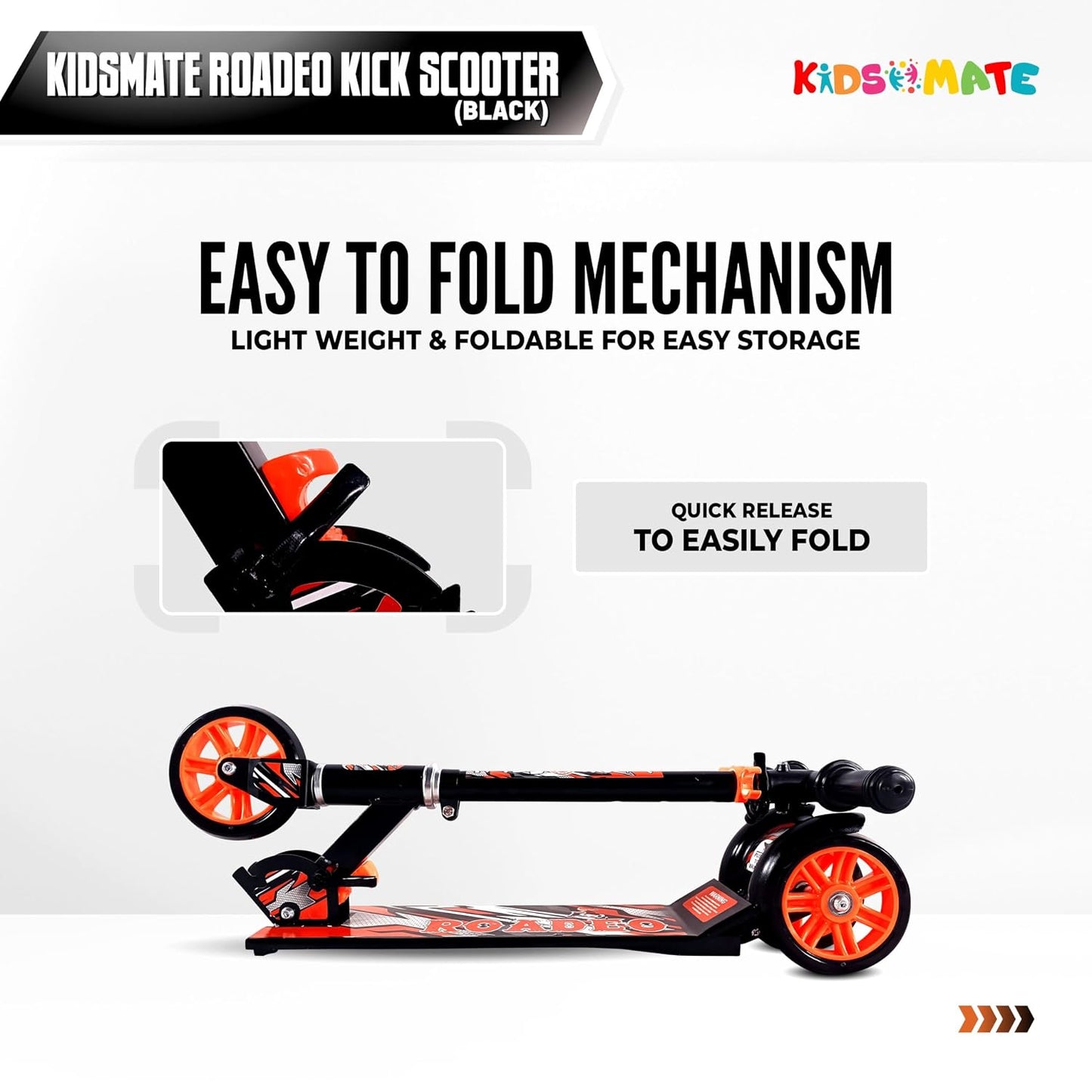 Kidsmate Roadeo Metal Kick Scooter for Kids | Adjustable Height Scooter | Foldable & Attractive PVC Wheels with Rare Brakes for Kids of Age 3+ Years (ASL)