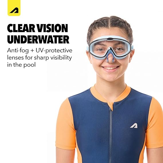Boldfit Swimming Goggles for Kids, Boys With Adjustable Strap, UV Protection, Antifog Goggles for Swimming Girls Air Tight with Free Ear & Nose Plug - Blue Black (ASL)