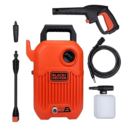BLACK+DECKER BEPW1600 1300W 1600 PSI 110 Bar Pressure Washer for Car, Bike, Home & Garden Cleaning Use with Multiple Accessories Included, 1 Year Warranty, Orange & Black (RD)