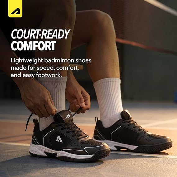 Boldfit Badminton Shoes for Man Lightweight Non Marking Shoes for Badminton Breathable Anti Skid Shoe for Man Shuttle Non Marking Indoor Shoe for Pickleball, Tennis, Padel, Black White (ASL)