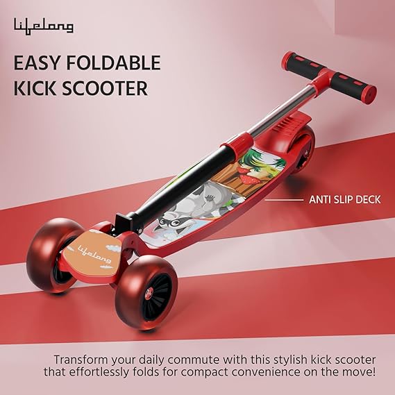 Lifelong Kick Scooter with Adjustable Height - Foldable - Skate for Kids with PVC Wheel - Max User weight-50 kg, Red & Black, 6 Months Manufacturer's Warranty (ASL)