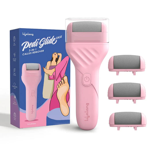 Lifelong PediGlide Luxe Electric Callus Remover for Feet | Rechargeable Foot Scrubber with 3 Roller Heads, 2 Speeds, Type-C Charging & Focus Light