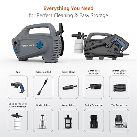 Amazon Basics Pressure Washer 1800W, 105 Bar, 6.5 L/min Flow, 5m Power Cord, 10m Hose, Copper Winding Motor, Auto Stop | Includes 8 Accessories | Ideal for Car, Bike, Home and Outdoor Cleaning (RD)